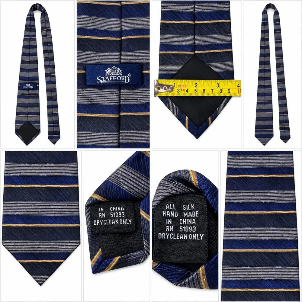 Stafford Men’s All Silk Necktie Navy Gray Gold Striped Handmade Classic Tie